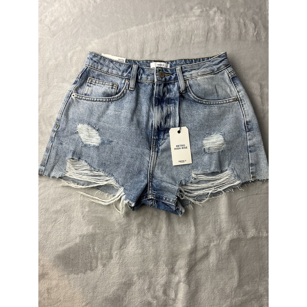 FOREVER 21 Women's Retro High Rise Distressed Denim Blue Washed Shorts Size 27
